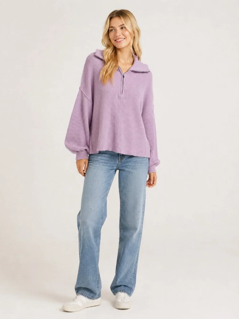 2/$30 Aerie Chunky Ribbed Quarter Zip Sweater Drop Shoulders Lilac XL #A3269